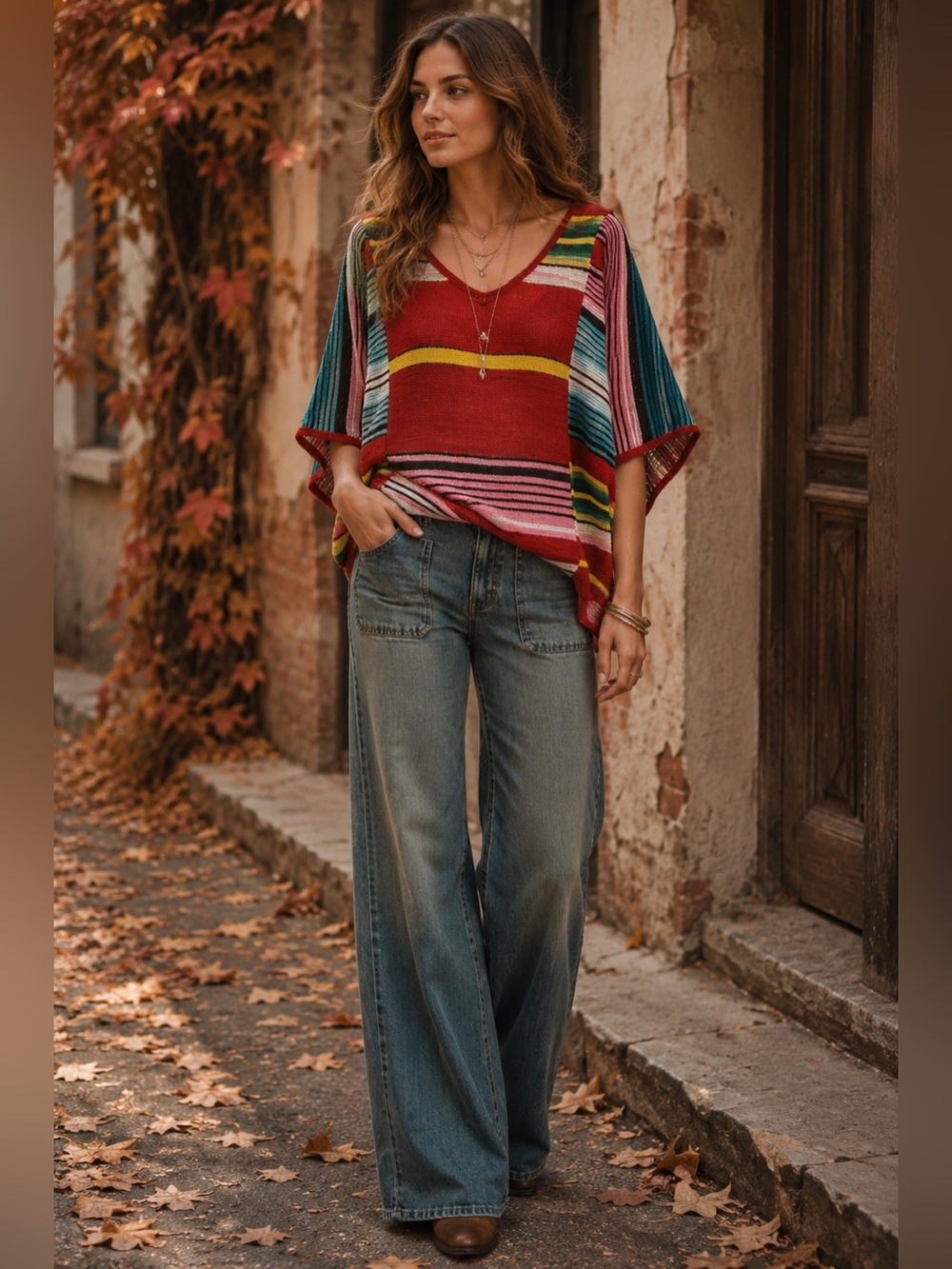 MARA HOFFMAN KNIT STRIPED SOUTHWESTERN PONCHO TOP OSFA ONE SIZE